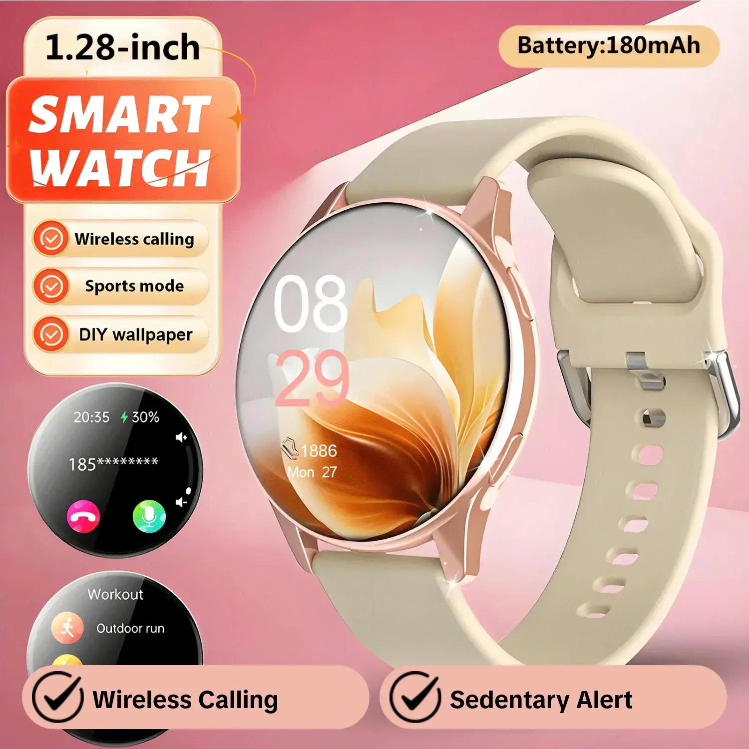 Smartwatch Wireless Call, Message Notification & Reminder, Pedometer, Multiple Sports Modes for Fitness & Outdoor, Weather Forecast, Wireless Connection, Sedentary Alert, Unisex for All Ages, Multifunctional Smartwatch