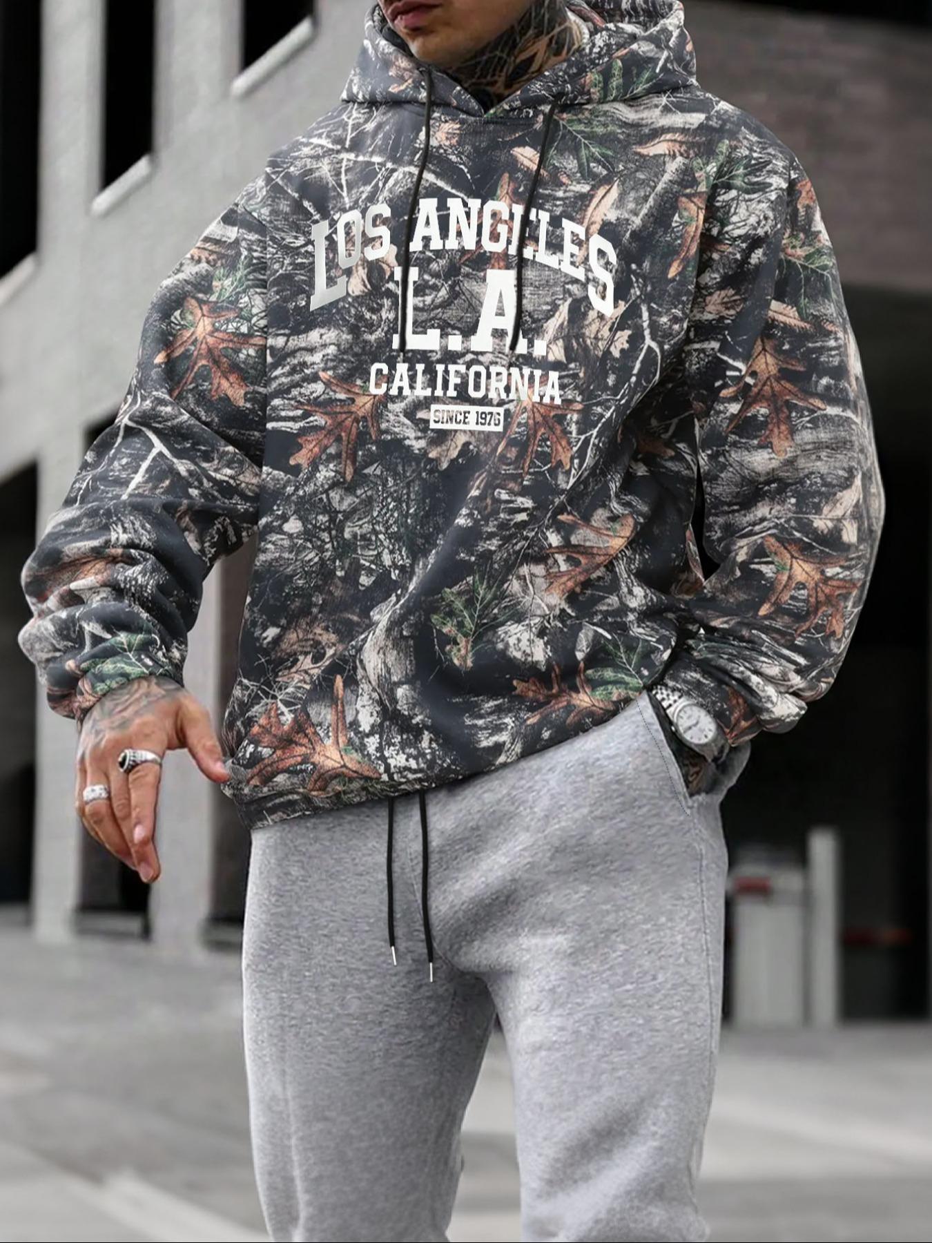 Men's Camo Print Hoodie, Regular Fit Casual Letter Print Long Sleeve Hooded Sweatshirt for Fall & Winter, Men's Top for Daily Wear
