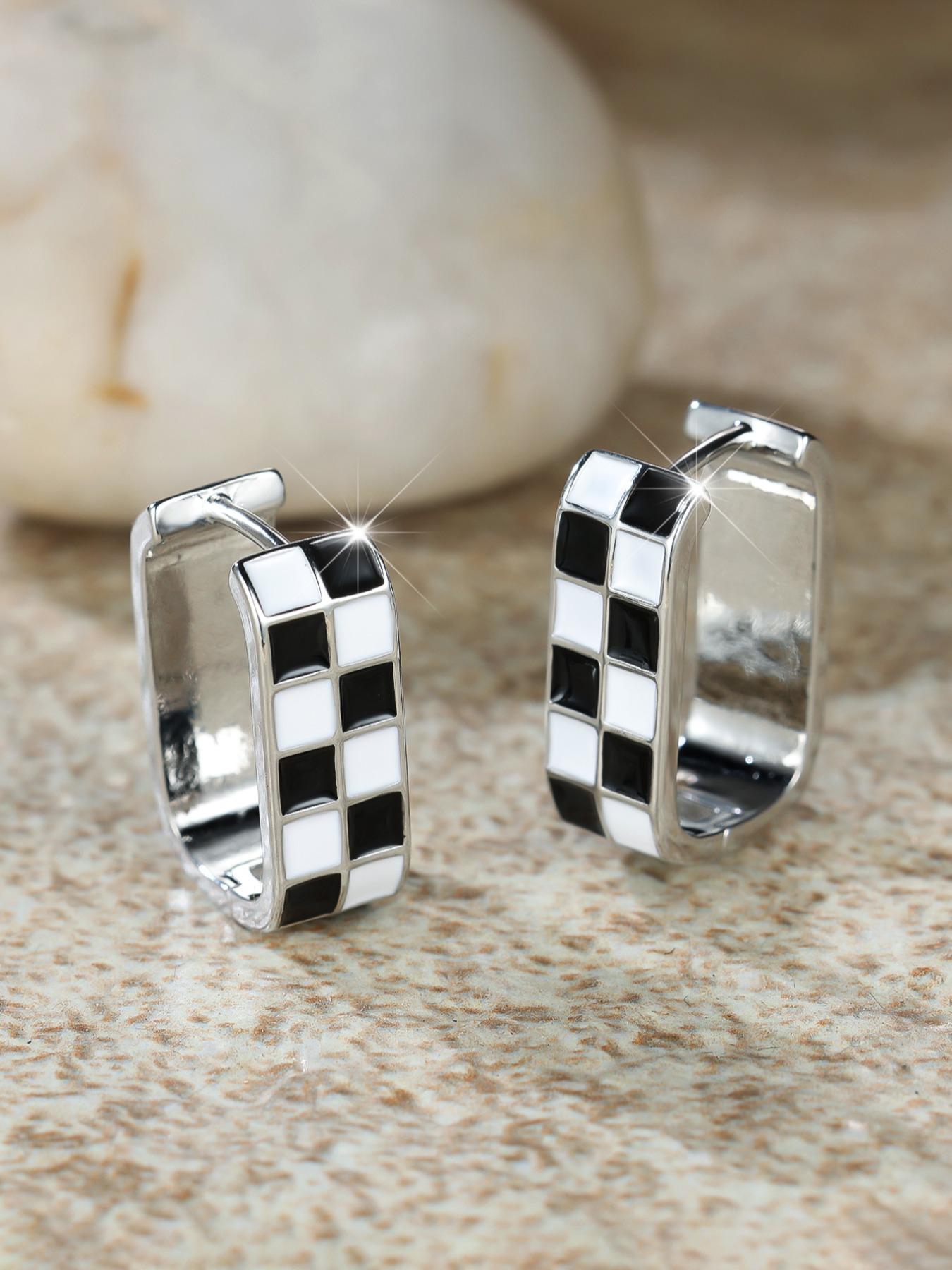 Checkerboard Pattern Hoop Earrings, Fashionable Casual Enamel Drip Earring Clip for Women for Party, Daily Decor, Trendy All-match & Exquisite Jewelry for Gift, High Quality Earrings