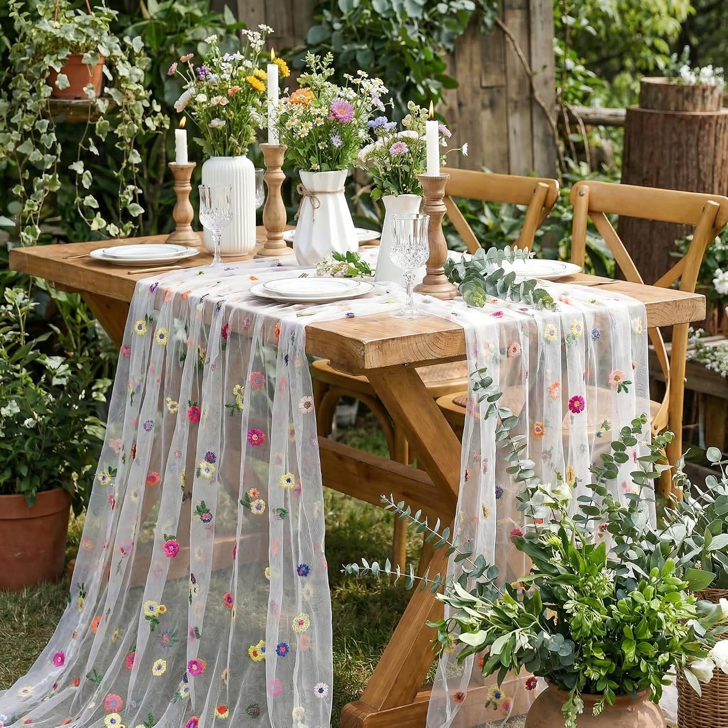 White Embroidered Floral Daisy Tulle Table Runner Birthday 10FT | Flower Sheer Table Runner Wedding Dining Garden Party Bridal Shower  120 Inch White Gauze Table Linen Elegant Setting