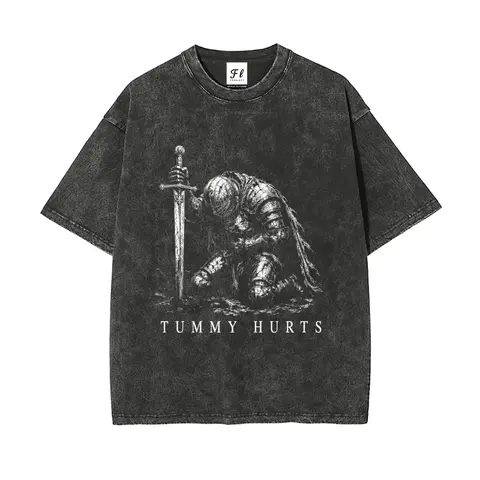 Tummy Hurts Kneeling Knight Vintage Washed T Shirt Unisex Oversized Graphic Tee