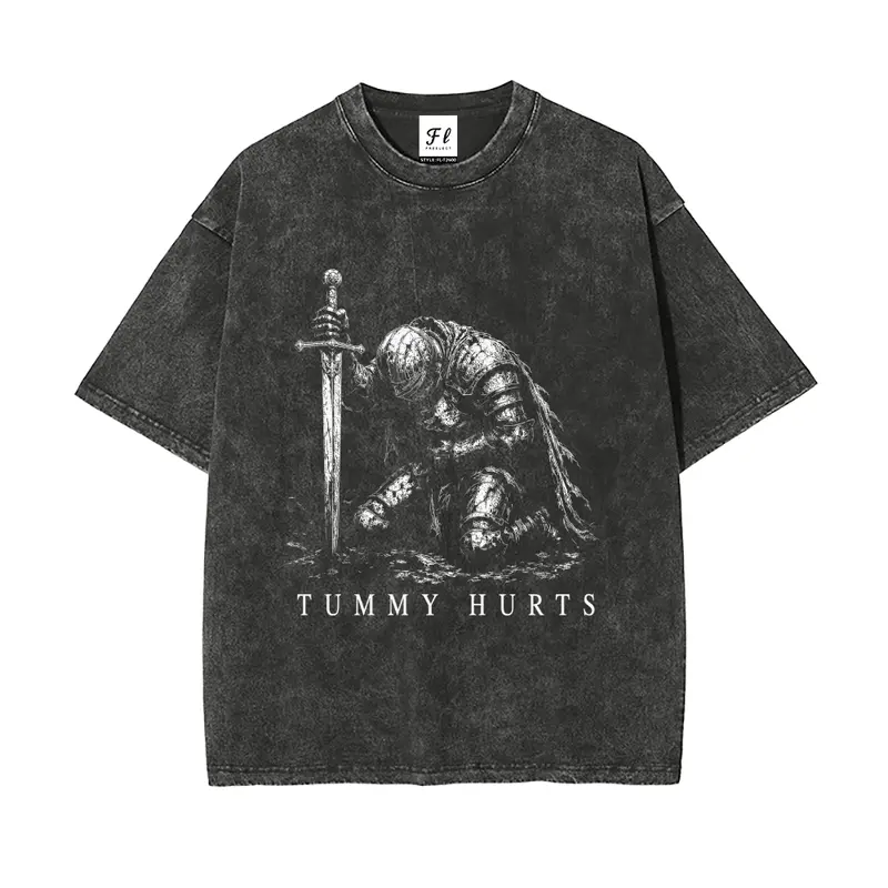 Tummy Hurts Kneeling Knight Vintage Washed T Shirt Unisex Oversized Graphic Tee