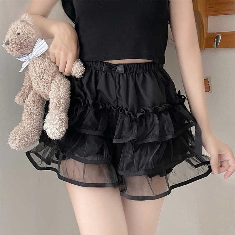 Gothic  Lolita Lace Shorts Women Black Aesthetic Cute Sweet Bow Ruffle Bloomers Shorts Y2k E-girl Kawaii Frilly Panties