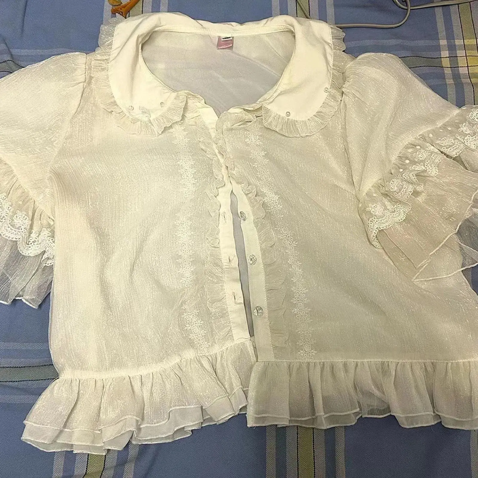 Lolita Shirt White Women Preppy Style Blouses Cute Peter Pan Collar Lace Ruffle JK Shirts Girls Short Sleeve Blusas