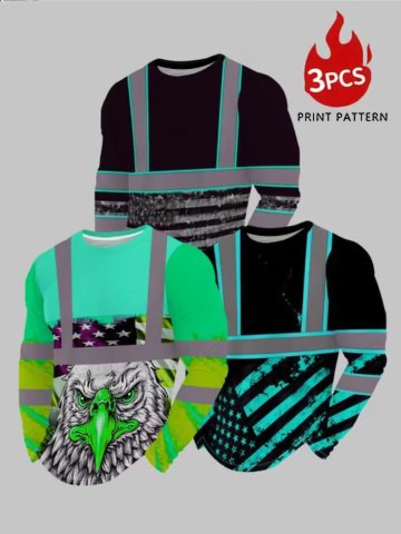 Men's 3-Pack Long Sleeve T-Shirts, Casual Print Tee, Fashion Print Round Neck, Casual Geometric Pattern, Fitted H-Type, All Seasons Wear