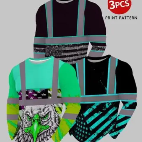Men's 3-Pack Long Sleeve T-Shirts, Fashion American Flag and Eagle Pattern Round Neck Fitted Tops, Casual Print Tee for All Seasons Wear