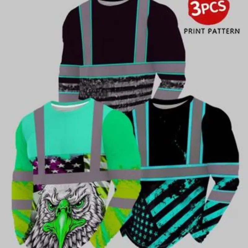 Men's 3-Pack Long Sleeve T-Shirts, Fashion American Flag and Eagle Pattern Round Neck Fitted Tops, Casual Print Tee for All Seasons Wear