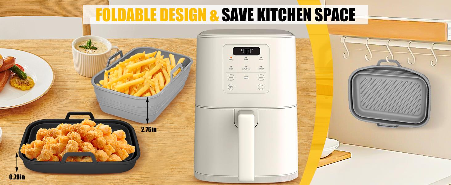 Collapsible Air Fryer Liners 2-Pack for 4Qt Slim Air Fryer(3.3lb Capacity), Reusable Airfryer Pot Rectangle, Non-stick Baking Basket Insert for Air Frier Accessories,Gray+Black