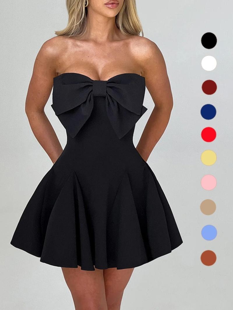 Women's Bow Decor Backless Tube Dress, Fashion Casual Strapless Fit and Flare Dress for Daily Outdoor Wear, Women Dress for Spring Fall