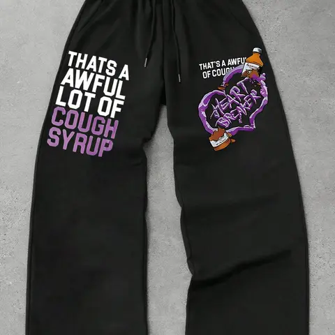 Men's Casual Sporty Graphic Athleisure Sweatpants, Letter & Heart Pattern Print, Drawstring Wide Leg, Loose-Fitting, All Seasons Wear, Men's Fashion
