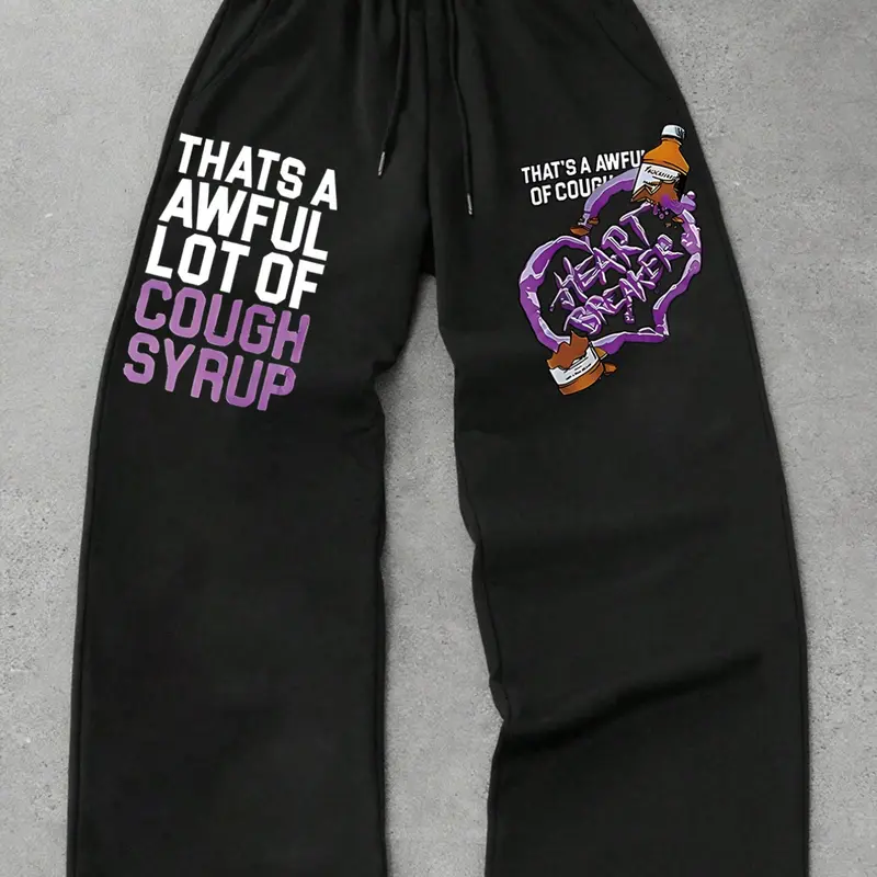 Men's Casual Sporty Graphic Athleisure Sweatpants, Letter & Heart Pattern Print, Drawstring Wide Leg, Loose-Fitting, All Seasons Wear, Men's Fashion