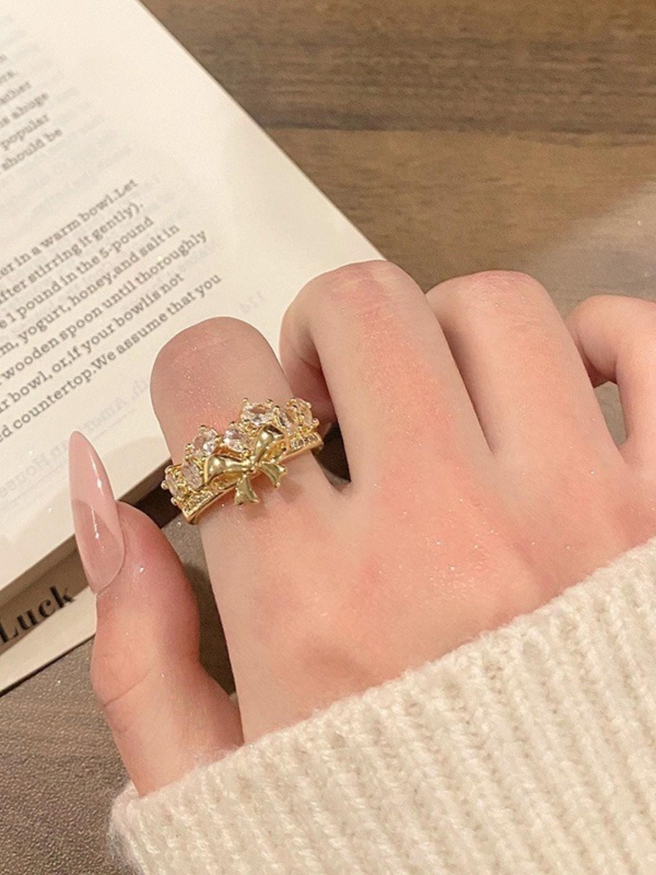 Sweet Trendy Copper Zircon Bow Open Ring, Simple Fashion Women's Elegance Daily Commute Versatile Party Vacation Ring