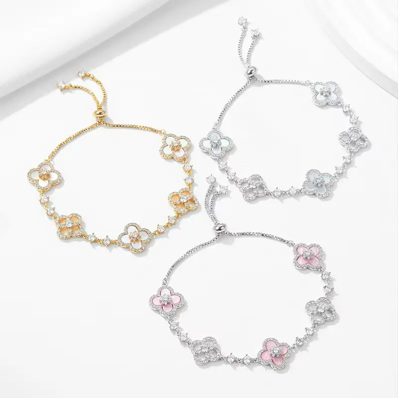 Women's Adjustable Fit Lightweight Wear Multi-Tone 4-Petal Flower Bracelet with Sparkling Zircon, Ideal for Party Events, Luxury Gift Option, Bracelets, Jewelry
