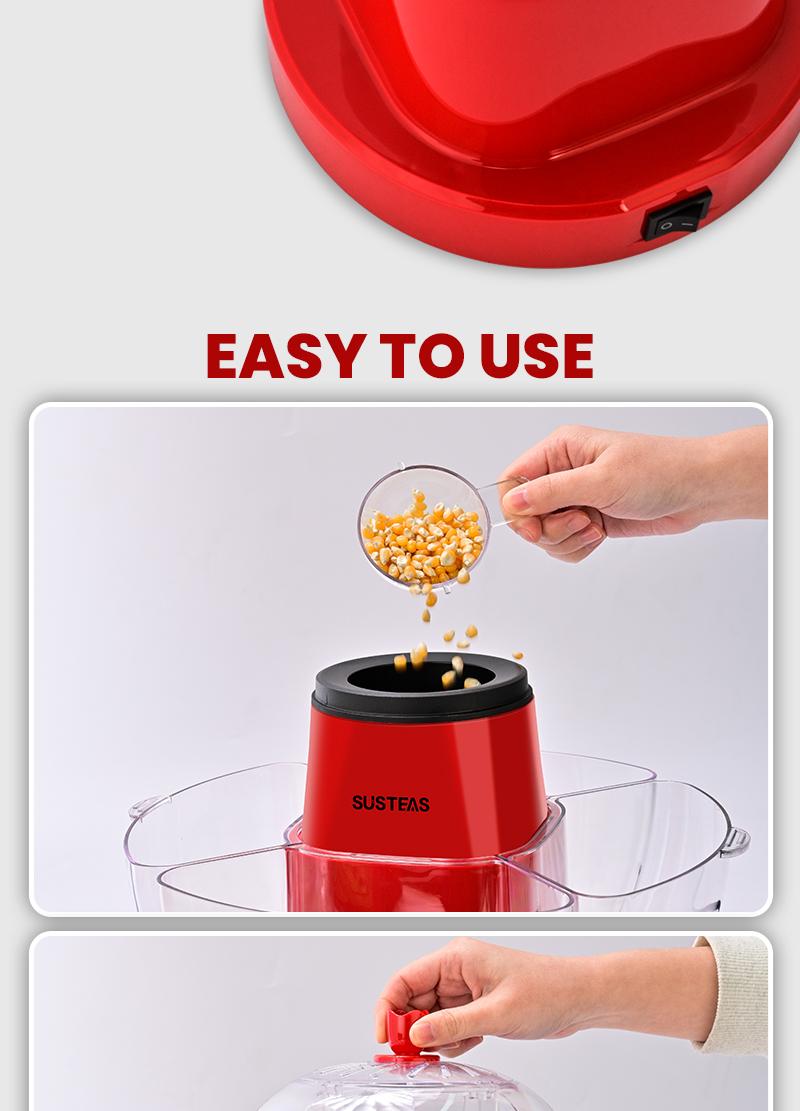 SUSTEAS Healthy Hot Air Popcorn Maker: Oil-Free, Fast, Includes 4 BPA-Free Bowls, Easy to Clean. Ideal for Family Movie Nights machine