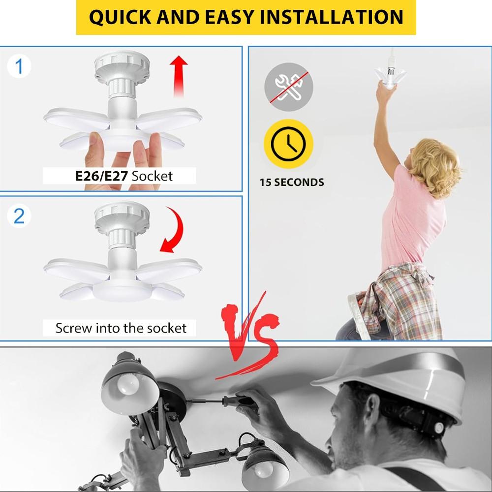 2/5 Pack Kasotile Mini Garage Lights, 28W LED Shop Lights, Garage Light Ceiling Led with 4+1 Deformable Panels, Screw in E26/E27 Socket Bulb for Warehouse, Workshop, Basement, Barn Lighting