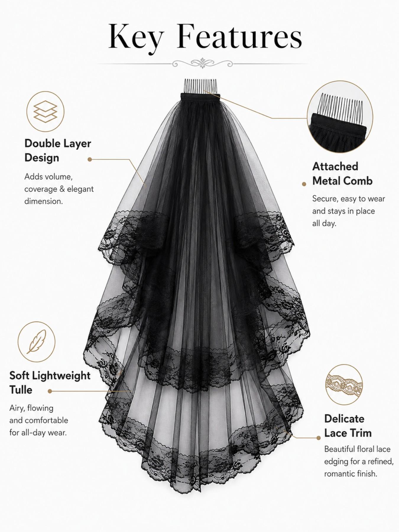 Gothic 2-Layer Tulle Wedding Veils with Floral Lace Edge & Comb, Classic Black Bridal Headwear, Perfect for Halloween Party, Cosplay Outfit, Dark Wedding and Spooky Themed Events