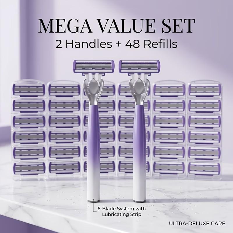 Gradient Purple 6-Layer Blade Shaving Razor Set for Women Girls, 2 Comfort Grip Handles & 48 Replacement Blades, Gentle Smooth Irritation-Free Shaver for Full Body Hair Removal, Perfect for Legs, Armpits & Bikini Line Daily Use Body Care