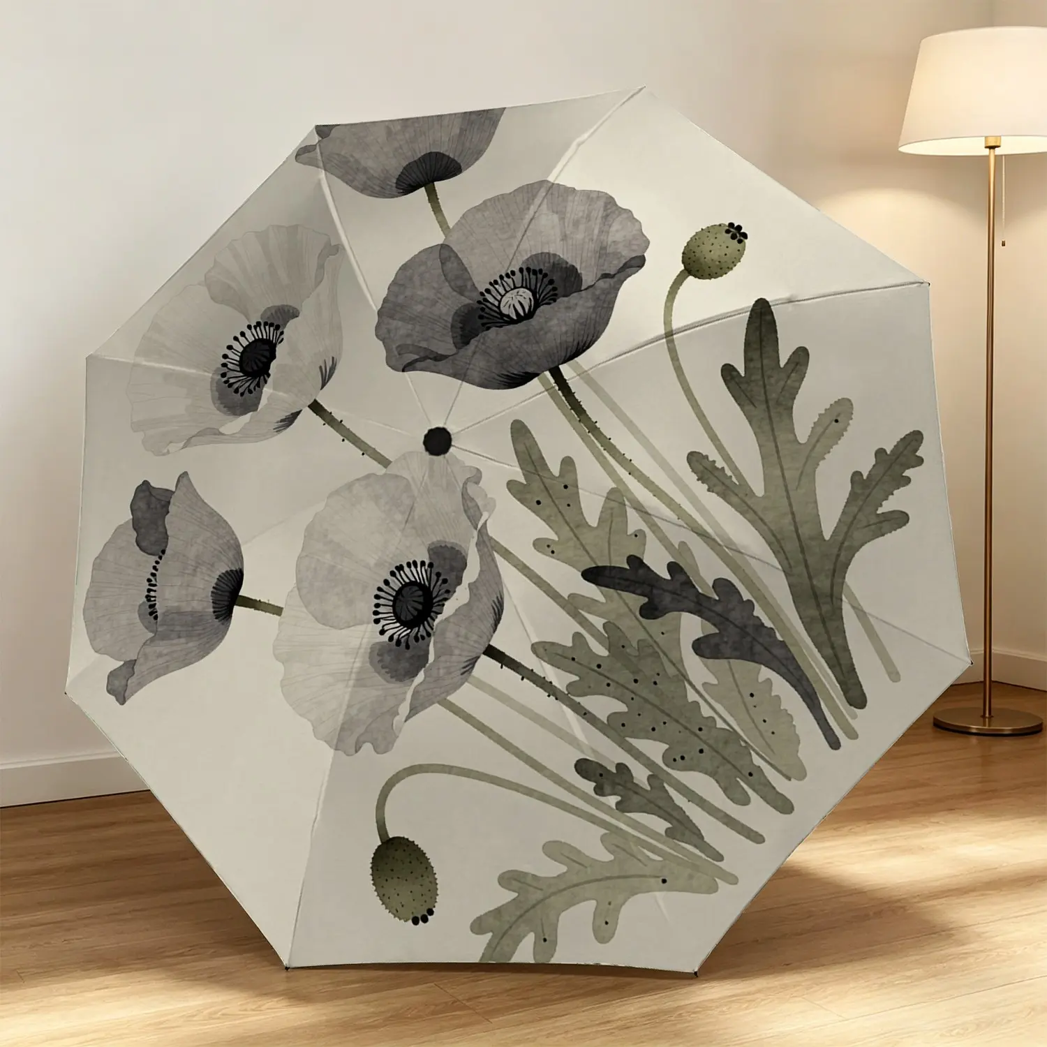 Vintage Poppy Bouquet Design Automatic Folding Umbrella, 8-Rib Glass Fiber Frame, Plastic Handle, Windproof, Halloween & Christmas Gift