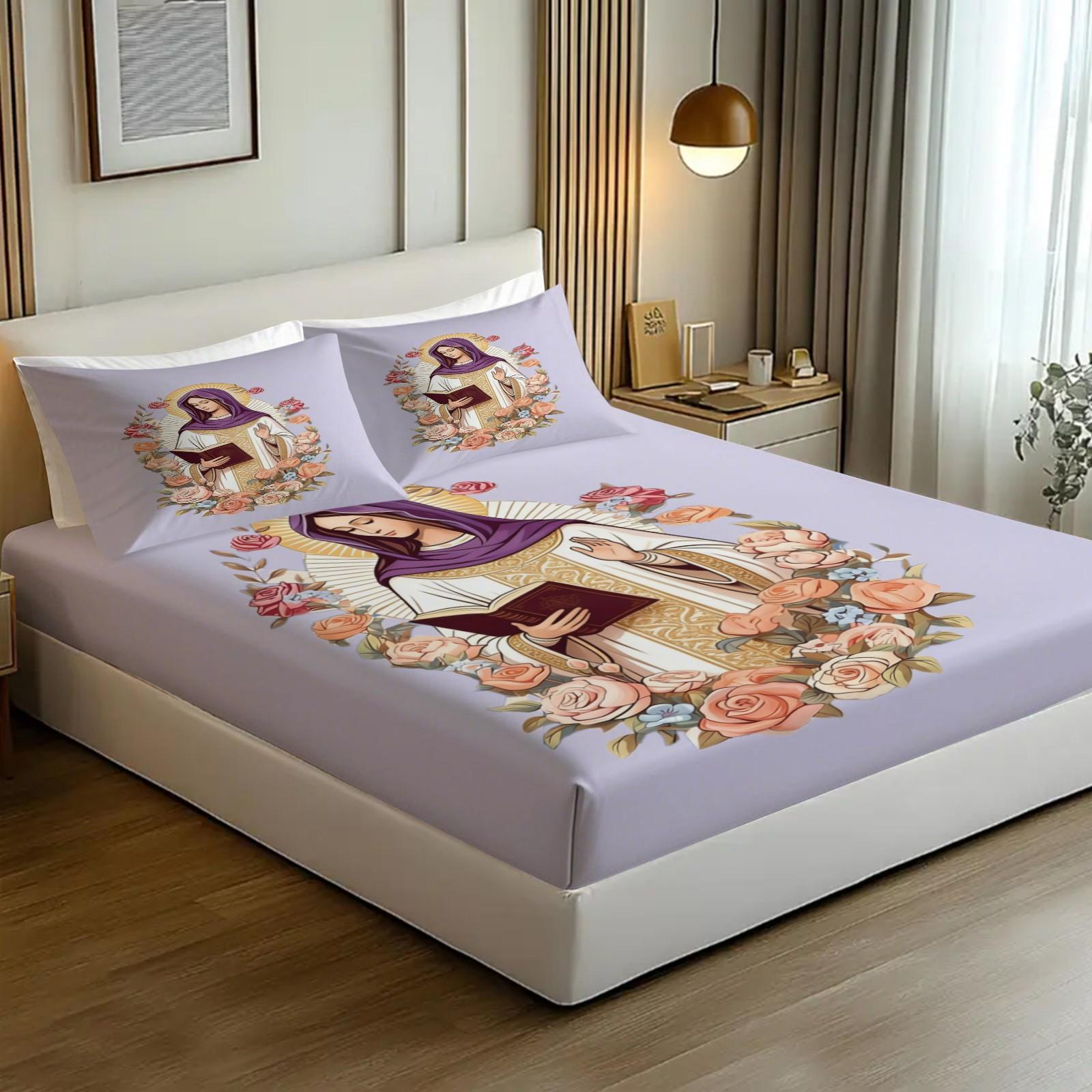 Guadalupe Virgin Mary Pattern Bed Sheet, Comfortable Printed Pattern, Includes 1 Bed Sheet and 2 Pillowcases, Comfortable Bedding, Non slip Dust Cover Suitable for Bedroom and Guest Room, Suitable for Children or Adults as Gifts