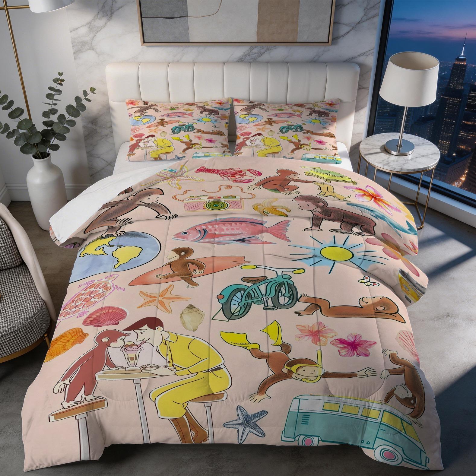 2/3 Piece Curious George Comforter Set, 1 Comforter + 1/2 Pillowcases, Cute Cartoon Monkey Cheerleader Diving Bedding, Kids Bedroom Decor for Girls Boys Teens, Ideal Gift for Curious George Fans