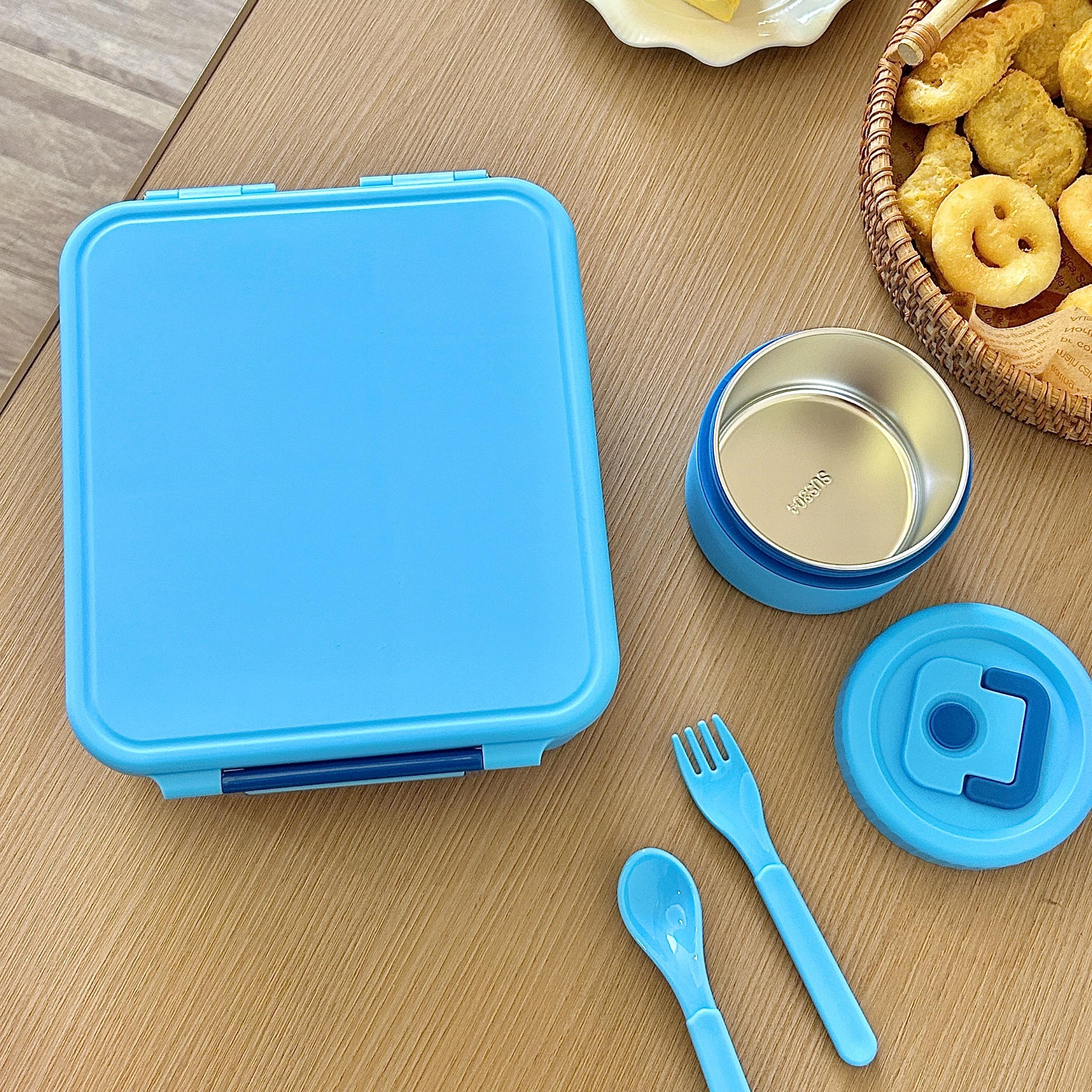 Cute Cartoon Bento Lunch Box with Soup Thermo, Kids Leakproof 4 Compartments, Insulated Food Jar for School Travel, Leak-Proof Bento Box with Spoon