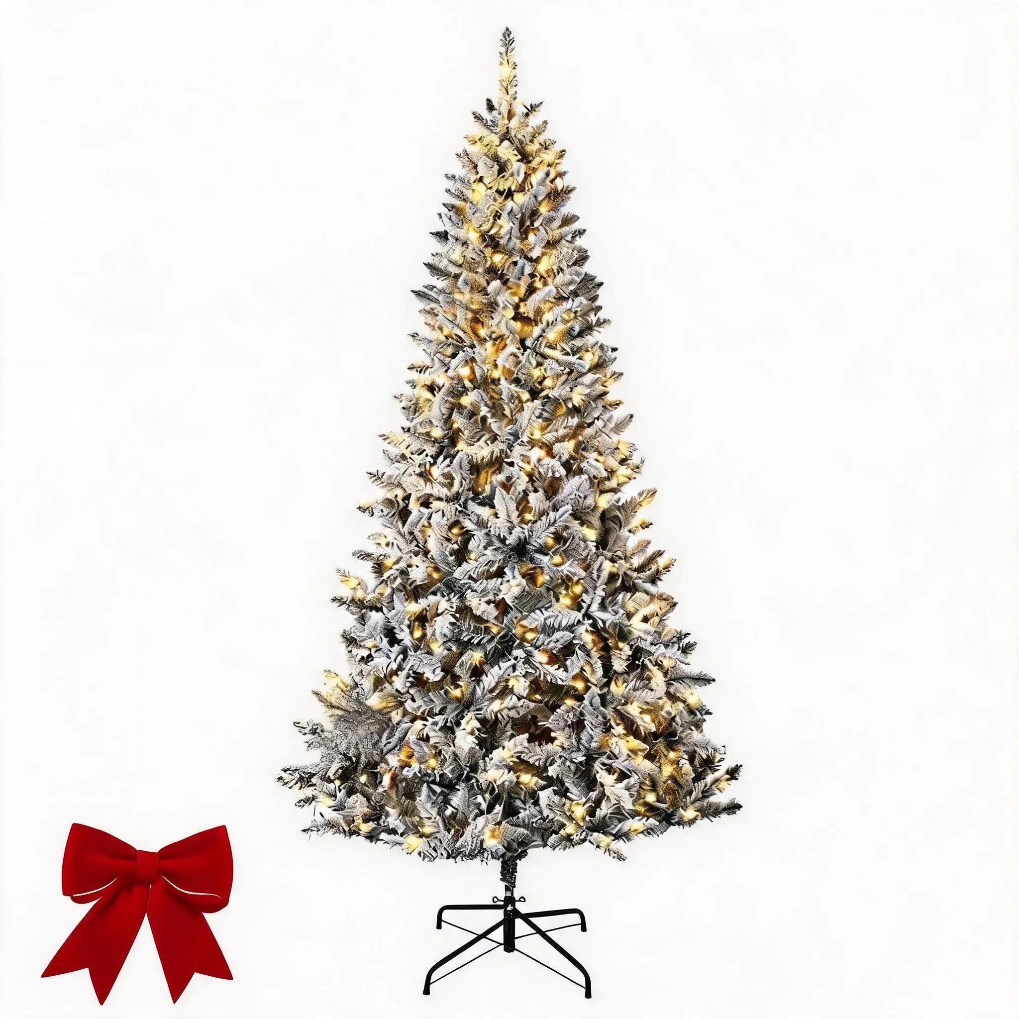 L. 6FT Flocked Pre-Lit Artificial Christmas Tree with Snow Effect – White Frosted Holiday Tree with Built-in Lights