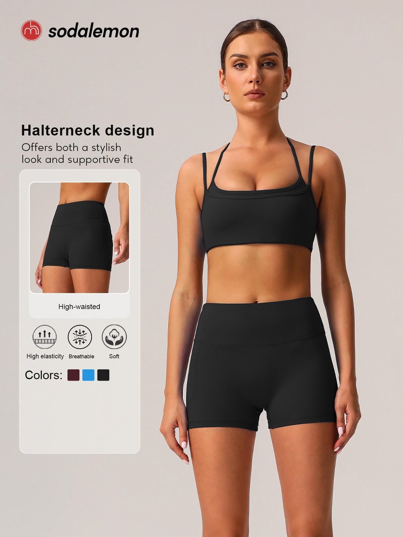 Sodalemon Women's Solid Crop Sports Bra & Shorts Sportswear Set, Casual Comfy Breathable Two-piece Outfits for Yoga Gym Workout Running, Ladies Spring & Fall Clothes