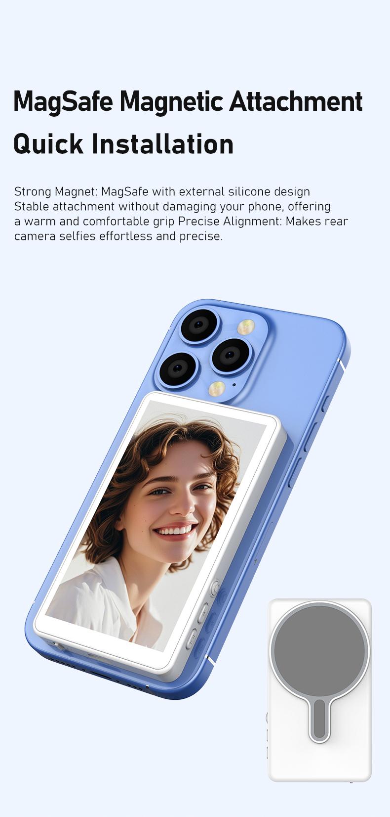 Magnetic Vlog Selfie Monitor Screen for Iphone & Samsung, with Magnetic Phone Holder Clip Mount, Using Phone Rear Camera for Selfie Vlog Live Stream TikTok, Cellphone Smartphone Stand Ts1 Pro Black