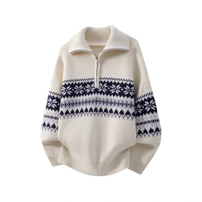 Men Fall Winter Nordic Fair Isle Jacquard Half Zip Knit Sweater, Vintage Geometric Floral Pattern, Turn‑Down Collar Long Sleeve Casual Knit Pullover For Daily Holiday Outfits # sohochic