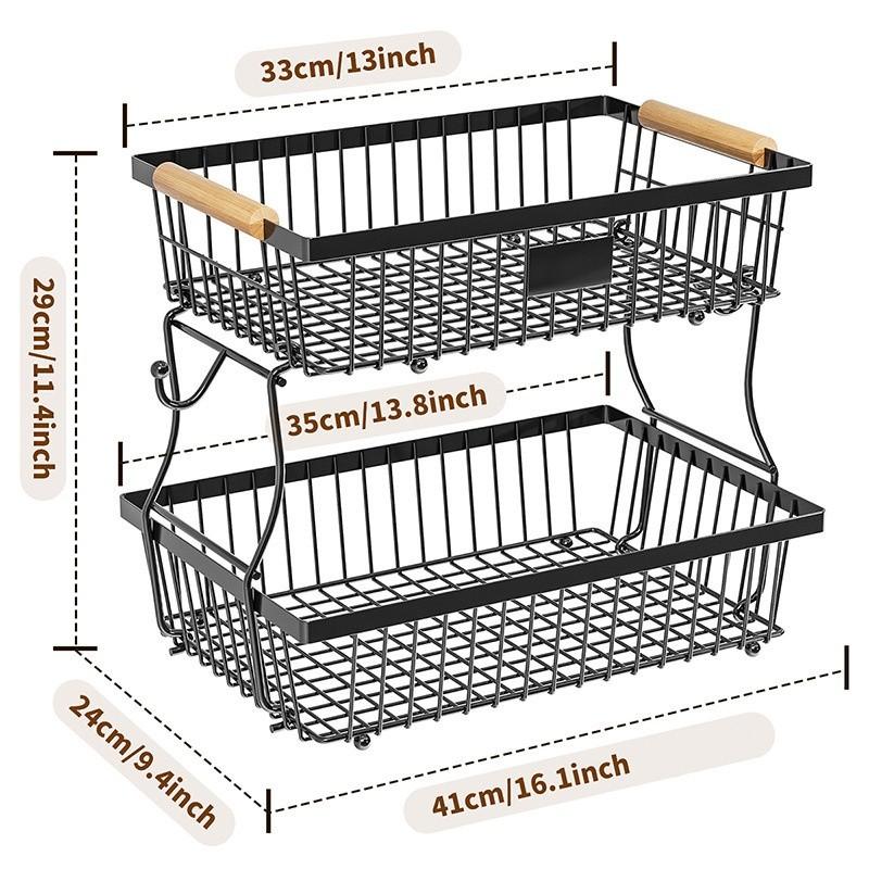 Double Layer Large Fruit Basket, Kitchen Countertop Organizer, Includes Two Removable Banana Hooks, Durable Storage Solution