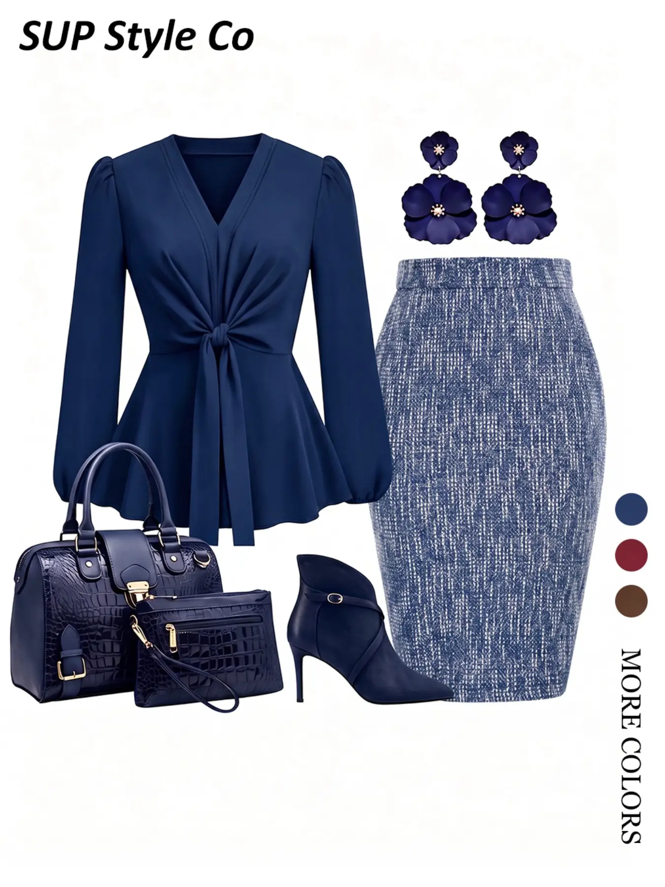 Women's 2-Piece Set: Navy Knot Waist Top + Plaid Print Skirt, Elegant Professional Office Wear, Business Casual, Spring & Fall