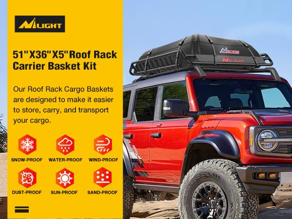 Nilight 51" X 36" X 5" Universal Roof Rack Cargo Basket Heavy-Duty 200LBS Capacity Rooftop Cargo Carrier Luggage Holder & Soft Waterproof|Cargo Bag|Net|Ratchet Straps for SUV Truck Vehicle Auto Automotive  offroad