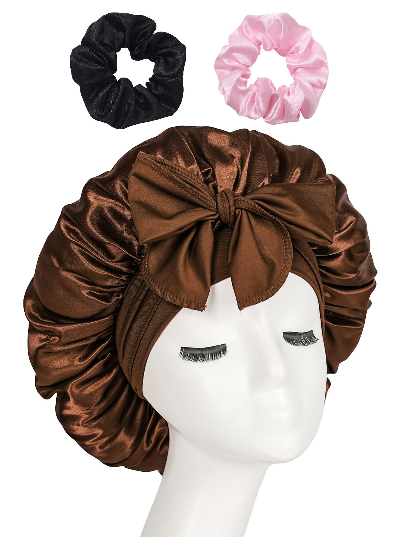 Women's Adjustable Satin Bonnet with Tie, Soft Breathable Sleep Cap, Fashionable Plain Color, Comfortable Hair Protection Hat + 2 Silk Hair Ties