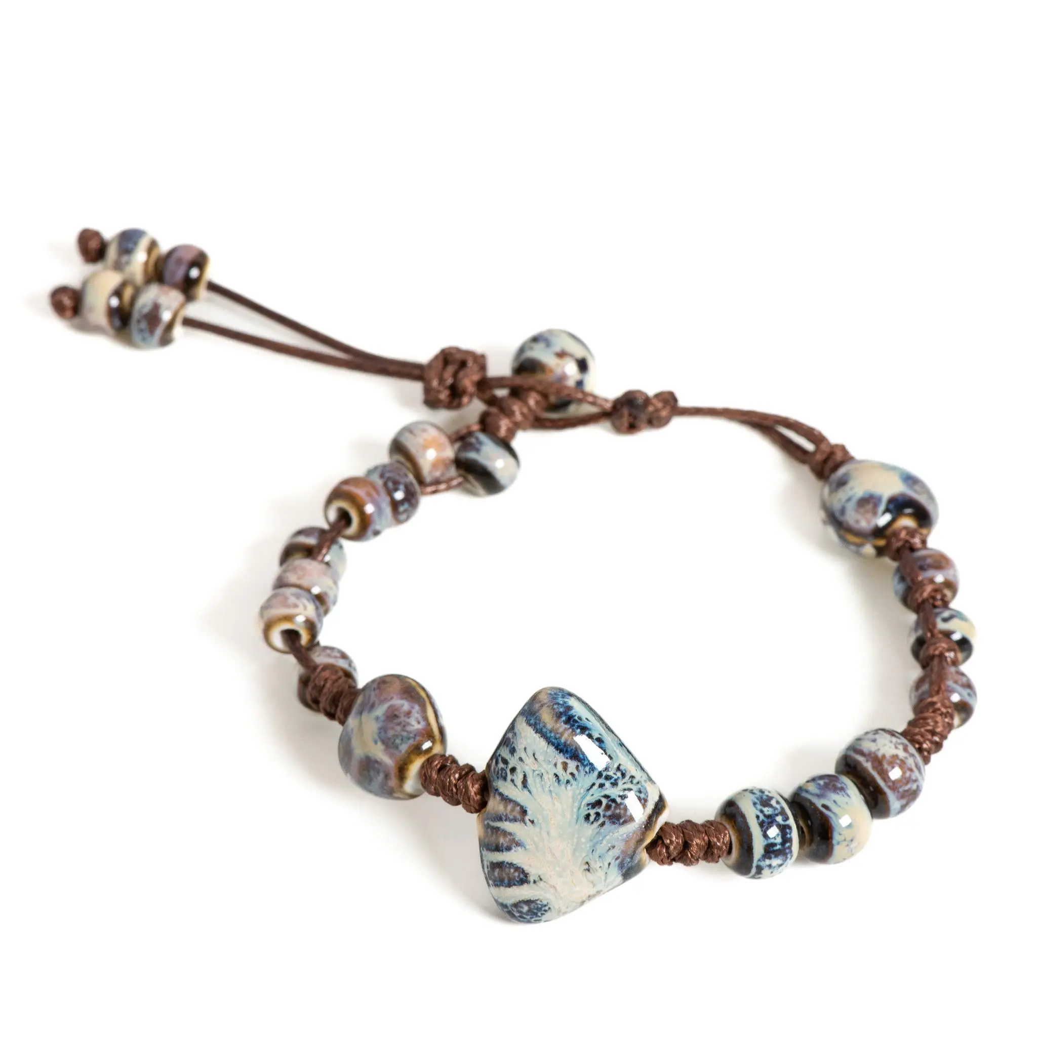 Women's Handmade Blue Butterfly Shell Pattern Ceramic Bangle Bracelet with 12-24cm Adjustable Wax Cord, Ceramic Beads, Durable Boho Vintage Coastal Beach Jewelry - Anniversary Gift - S02-009, Everyday Wear