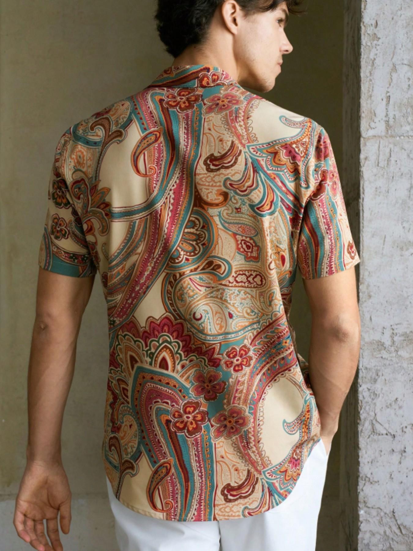 Vintage Floral Print Short Sleeve Shirt for Men, Summer Loose Fit Casual Vacation Style, American Hawaiian Beach Top