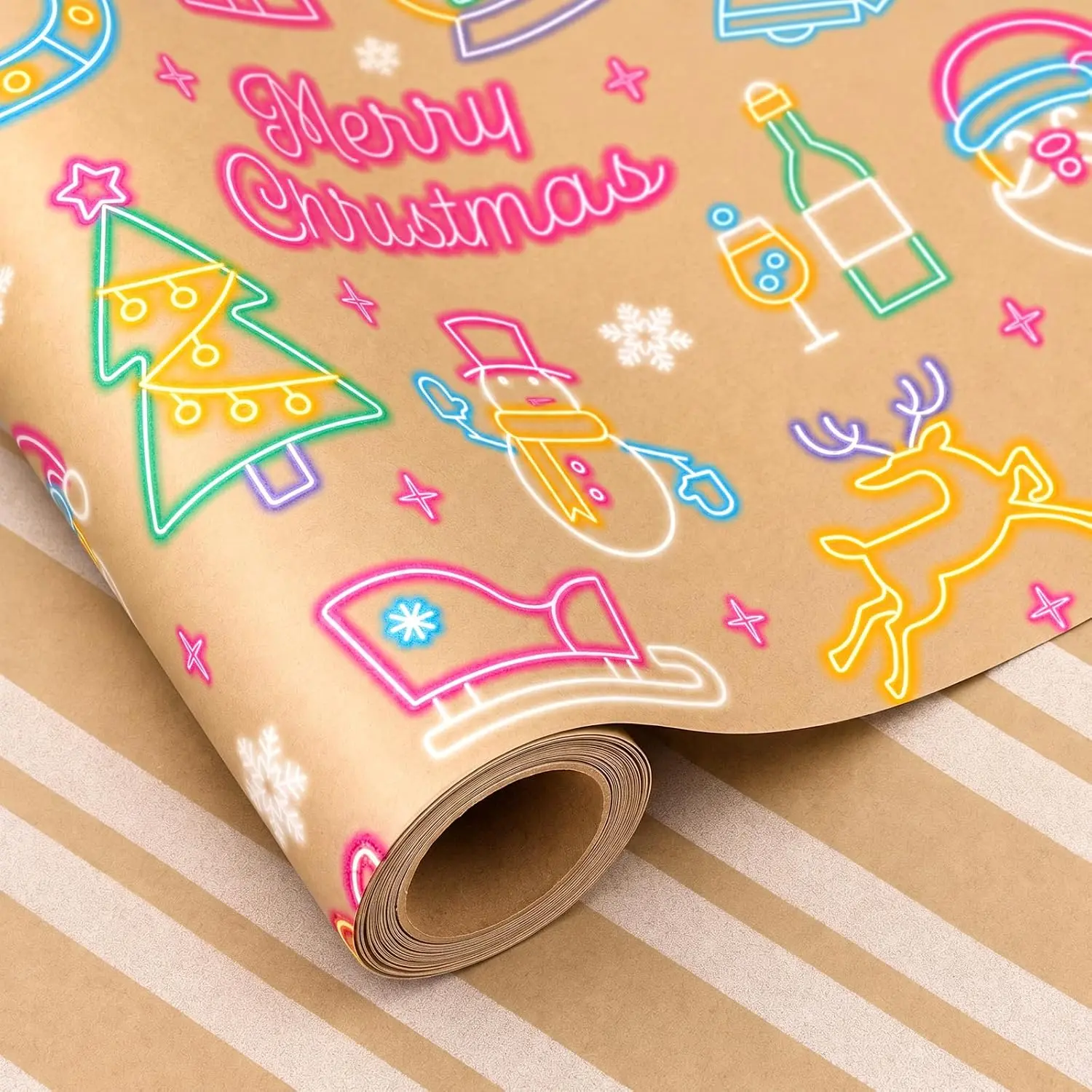 Brown Christmas Wrapping Paper Rolls Set, Neon Funny  Wrap | Cute  Colorful Cool  Santa Matte Xmas Holiday Thick Heavy Duty  Bulk Roll  Sheets,Reversible,28.5sq.ft