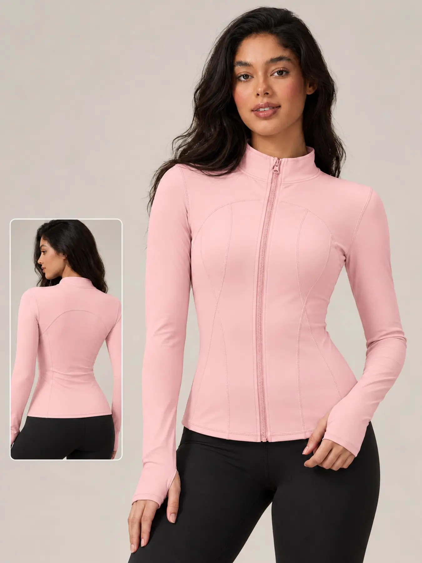 Women's Zipper Sport Jacket, Slim Fit Long Sleeve Stand Collar Top, Thumb Hole Design, Ideal for Pilates, Training, Daily Casual Wear