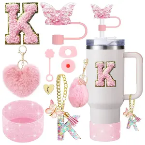 9PCS Accessory Set for Stanley Cup 30oz 40oz Butterfly Straw Cover Cap Silicone Boot Charm Initials Sticker Spill Proof Stopper