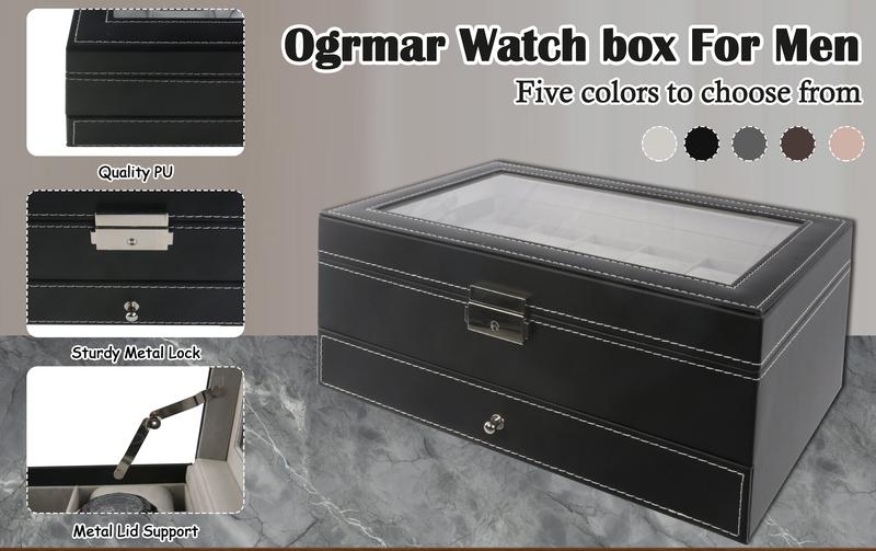 SUNNYGLADE 12 Slot PU Leather Lockable Watch Storage Boxes, Men & Women Jewelry Display Drawer Case, 2-tier Organizer Watch Showcase with Glass Lid (Black)