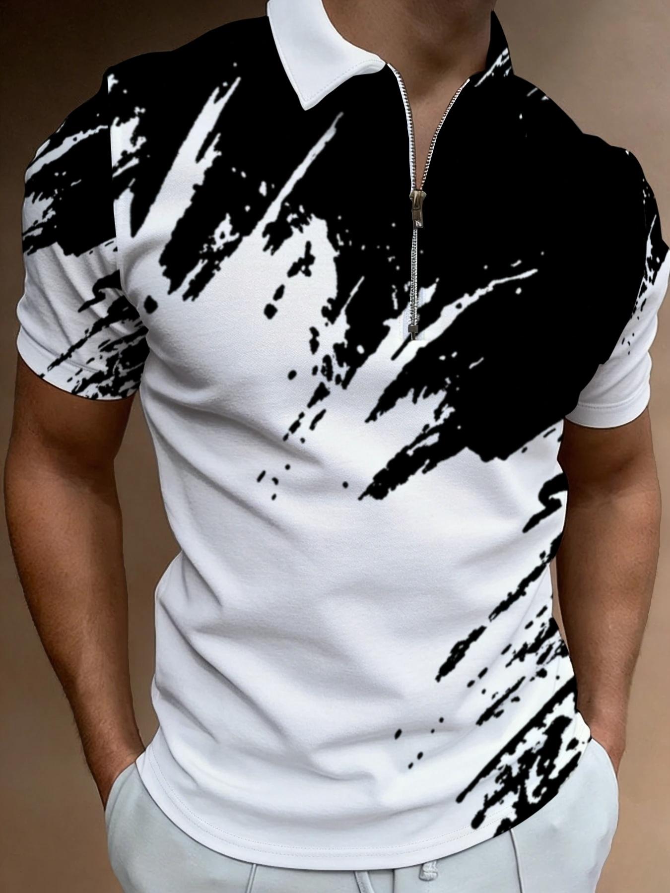 Men's Black & White Splash Ink Printed Short Sleeve Polo Shirt, Casual Fashion Trendy Top, New Summer Lapel Style