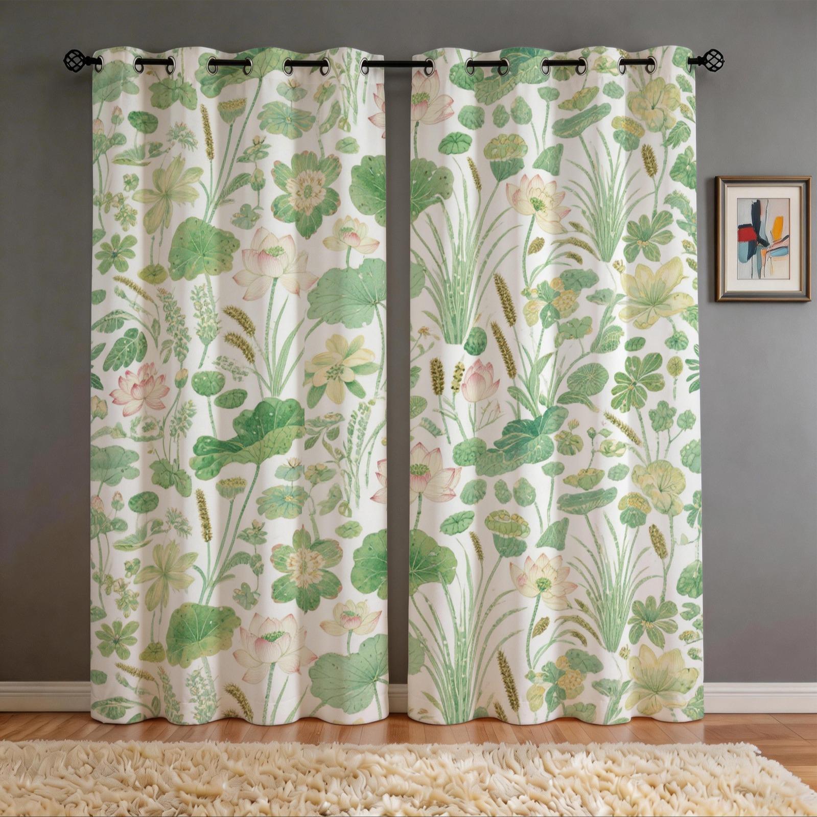 Watercolor Lotus Pond Curtains 2 Panels, HD Digital Printed Curtains, 80%-90% Light Blocking Darkening Curtains, Easy to Install Decorative Curtains for Living Room Bedroom Home Decor