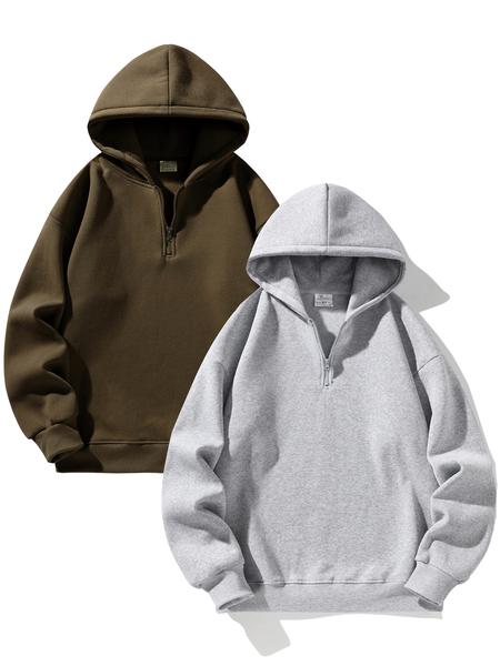 Men's Half-Zip Fleece Hoodie, Casual Long Sleeve Drop Shoulder Sweater, Thick Fabric for Fall & Winter, Sporty Fashion Pullover