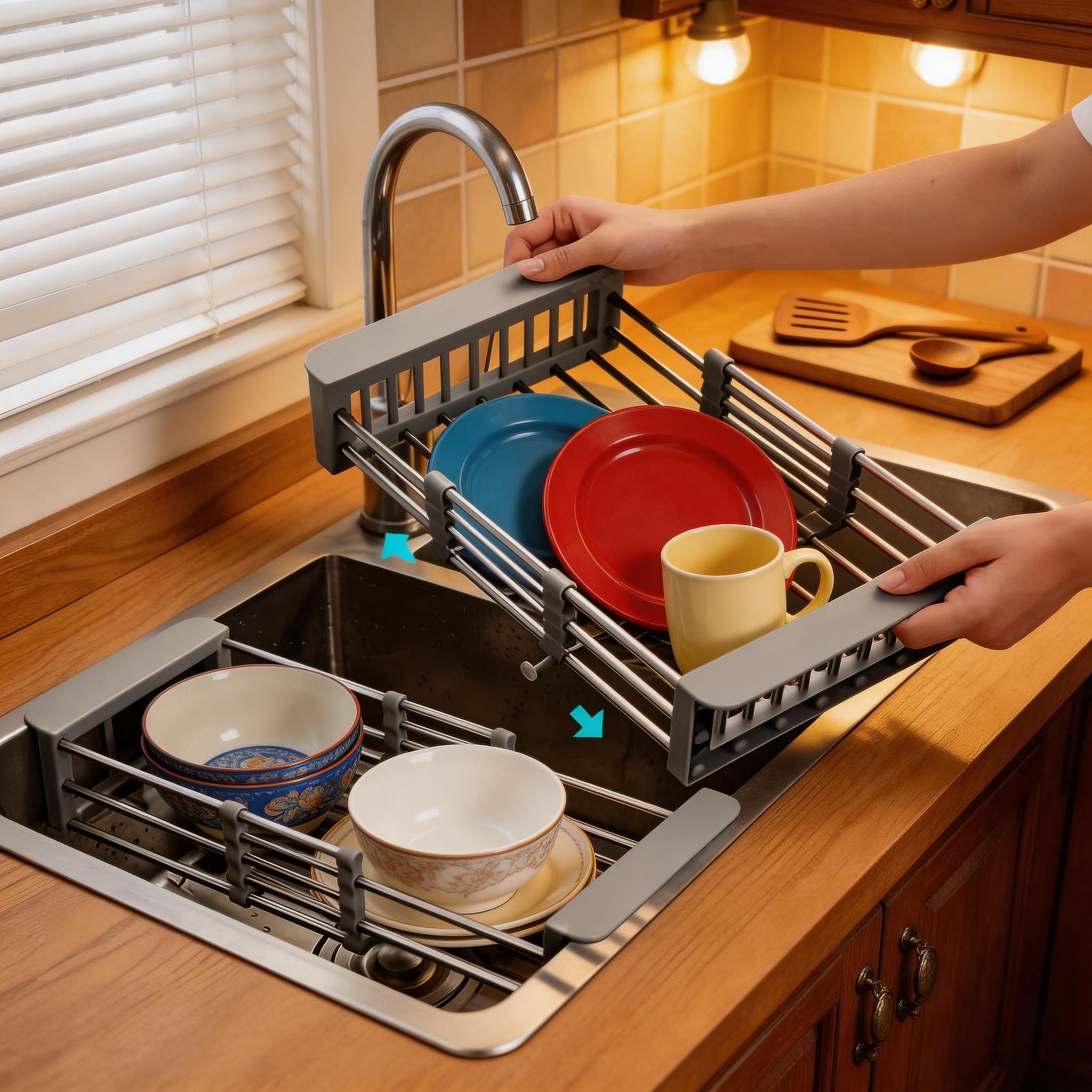 Stainless Steel Expandable Dish Drainer Rack, Space-Saving Striped Design, Ideal for Utensils and Cookware, Suitable for Sink and Countertop