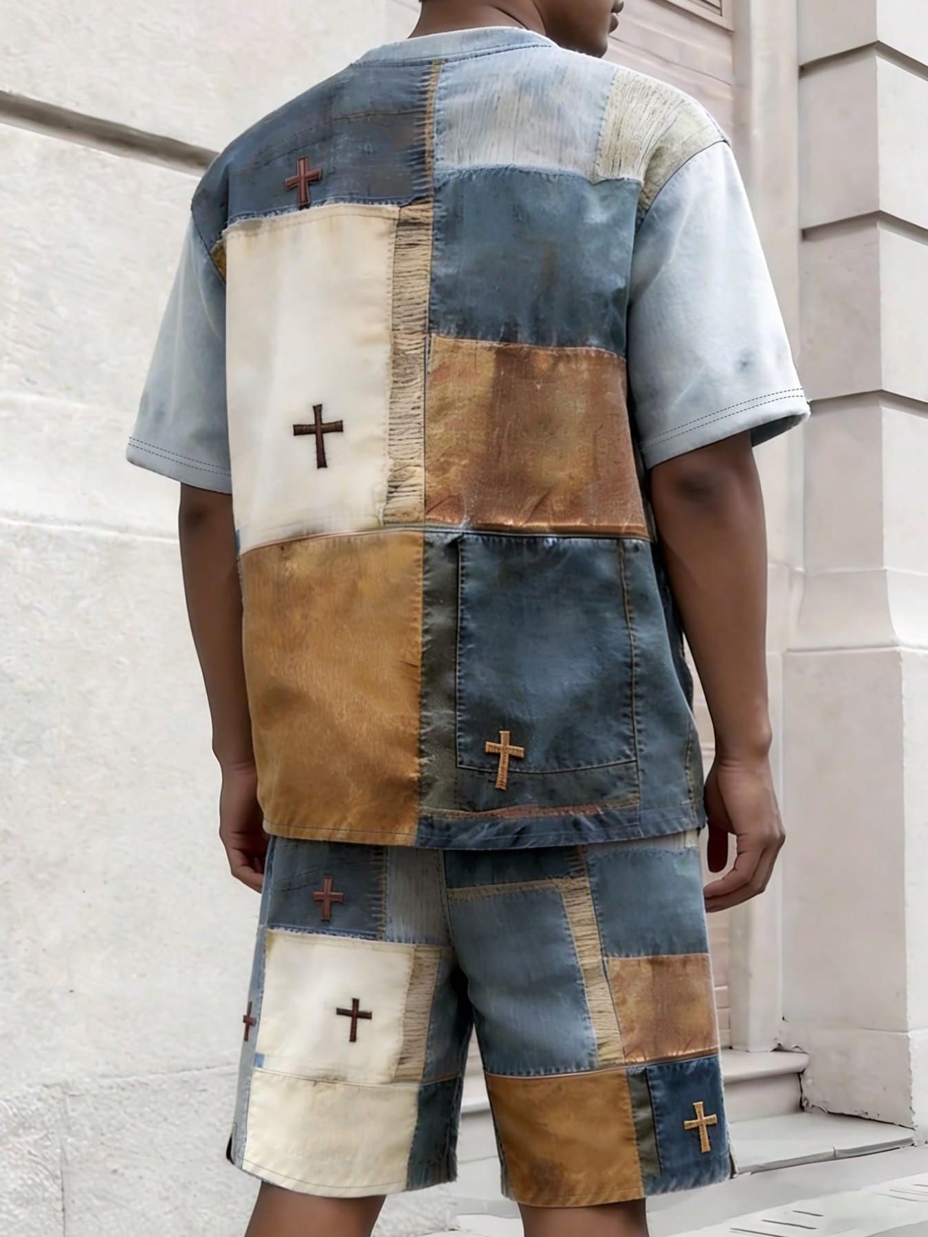 Men's Casual Summer, Contrast Color Denim Washed Print, Short Sleeve T-Shirt and Shorts Set, 2-Piece Ensemble for Warm Weather