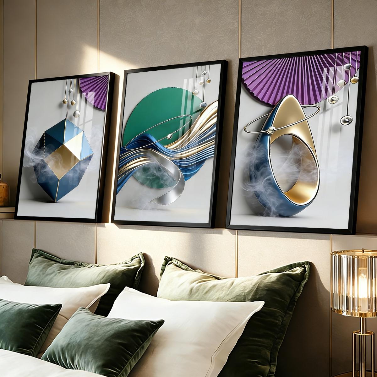 3 Counts Aluminum Alloy Framed Painting, Geometric Abstract Metallic Shapes And Smoke Art Pictures, Home Decoration For Living Room, Bedroom, Office, Restaurant, Hallway Wall Decor, Odorless Print Artwork, Luxury Perfect Gift For Friends And Family