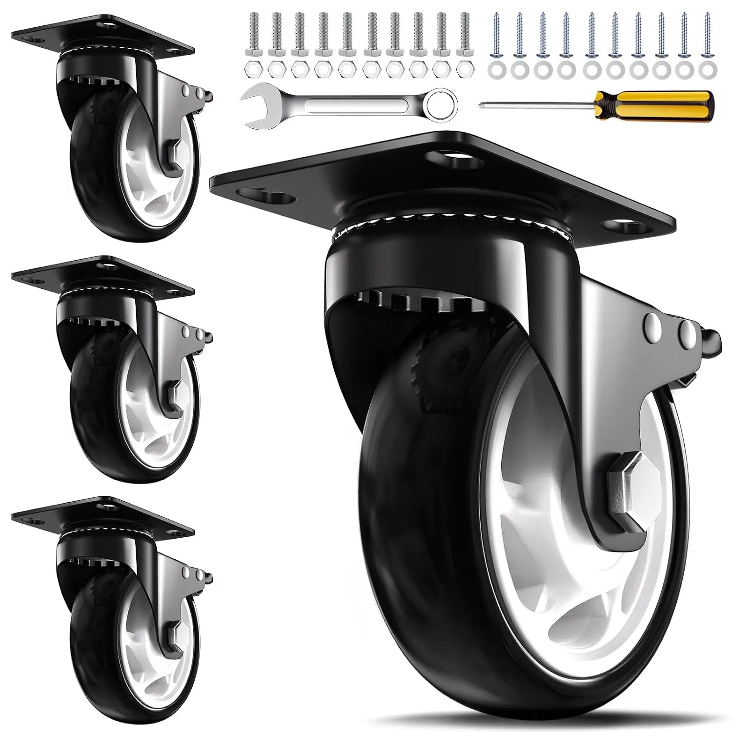 QNCZ 4-Inch Heavy-Duty Plate-Mount Rubber PU Caster Wheels, Set of 4, Black, Dual Brake, Silent Roll, Easy Install