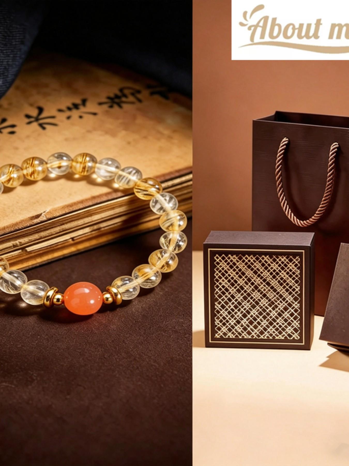 Natural Gold Rutilated Quartz Beaded Bracelet, Lucky Sunstone, 14k Spacers, Handmade Elastic Healing Crystal Jewelry, Luxury Gift for Women