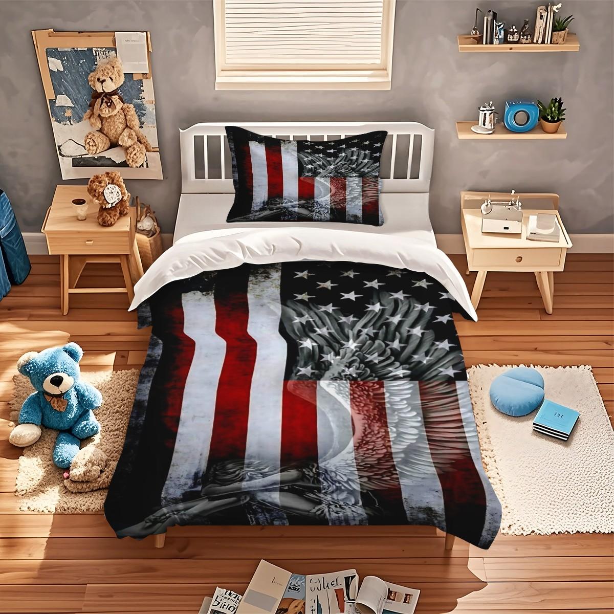 2/3 Piece Patriotic Themed Bedding Set: Eagle And American Flag Print Duvet Set, Duvet Cover Sets, Soft And Breathable, Easy Maintenance, 1 Duvet Cover+1/2 Pillowcase, No Padding/Zipper Closure, Bedroom Decoration Bedding