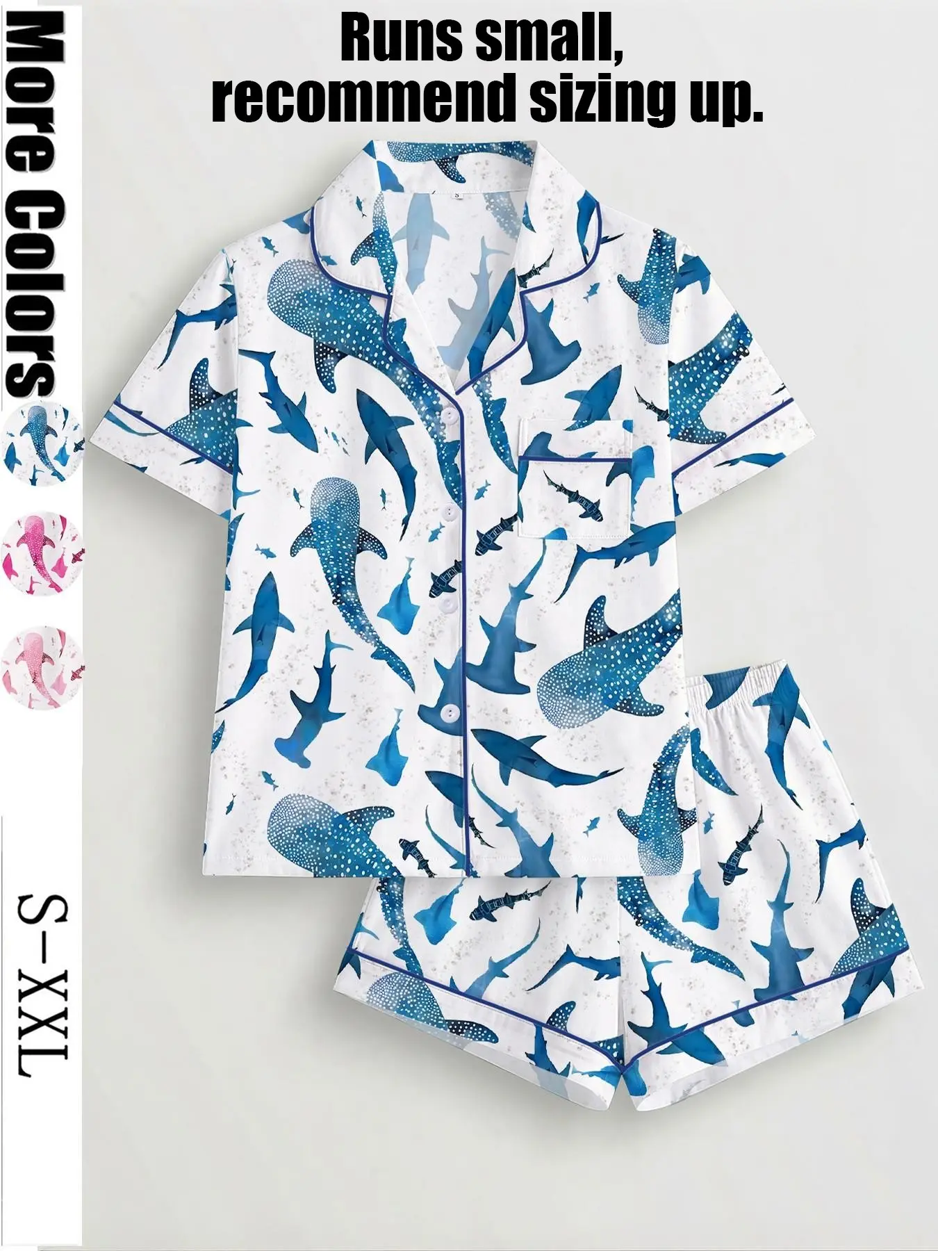 Women's Shark Print Pajama Set, Short Sleeve Button-Up Top and Elastic Shorts, Casual All-Season Sleepwear, Comfortable Home Wear, Homewear, Loungewear, Pyjamas, Pjs