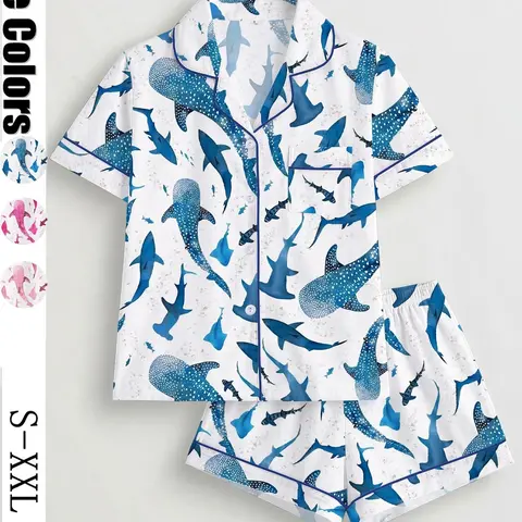 Women's Shark Print Pajama Set, Short Sleeve Button-Up Top and Elastic Shorts, Casual All-Season Sleepwear, Comfortable Home Wear, Printed Sleepwear Set, Homewear, Pyjamas, Pjs